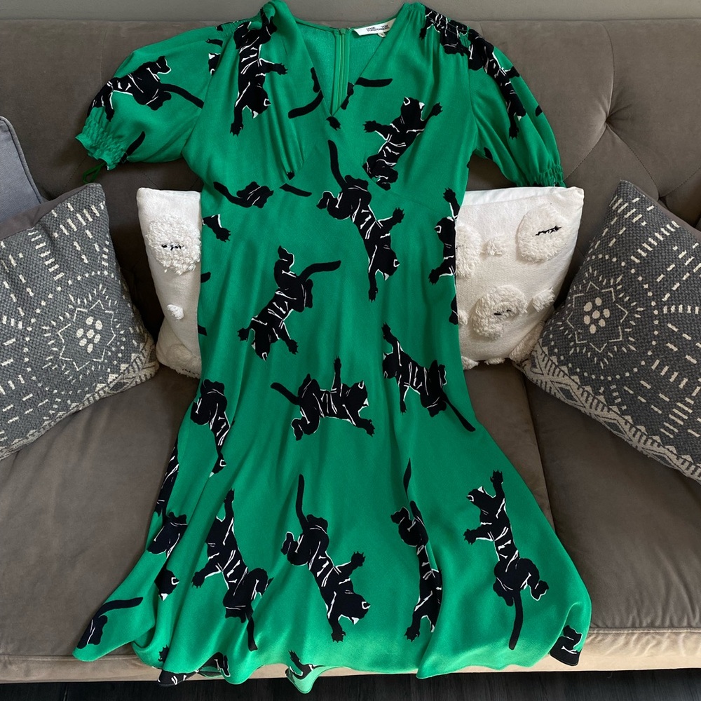 Diane Von Furstenberg Green Midi Dress with Black Cat Print
